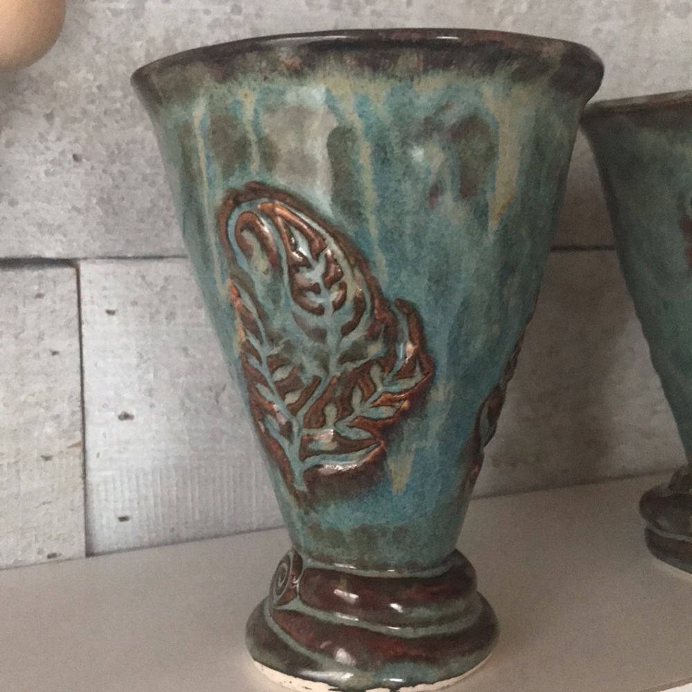 Artisan Glazed Pottery Goblets with Leaf Design (pair)